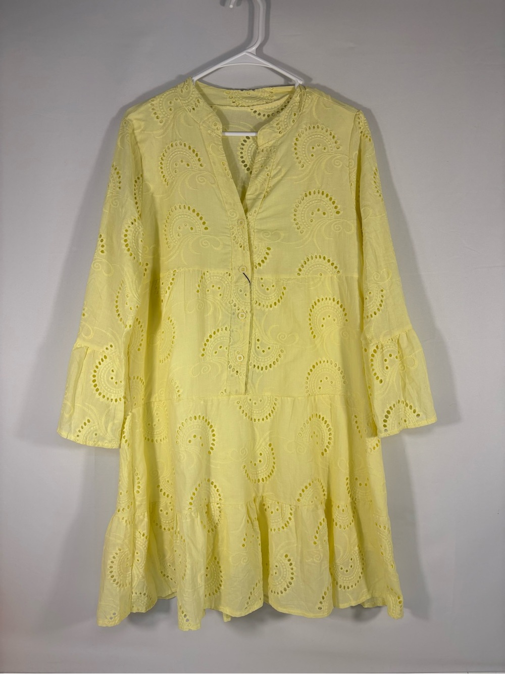 NWT S-DEER Yellow Eyelet Embroidered Tiered Mini Dress Boho Cottagecore Large